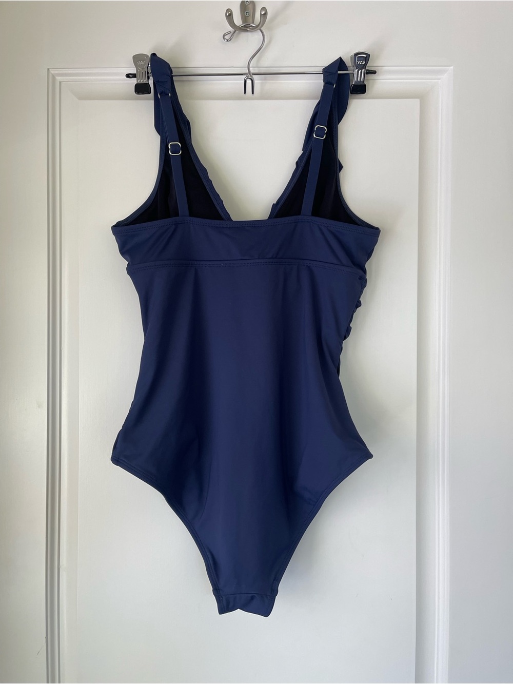 CUPSHE One Piece V Neck Swim Suit, Adjustable Straps, Ruffles, Rouching, Navy - Picture 3 of 9